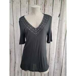 Poppy Women's Small Black Charcoal Gray Studded 1/2 Sleeve Sheer Blouse Top EUC